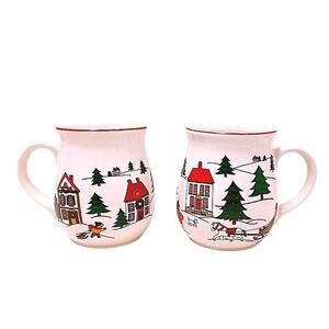 2 Cups Jamestown China Joy of‎ Christmas Coffee Mug Winter Trees Sleigh Ceramic